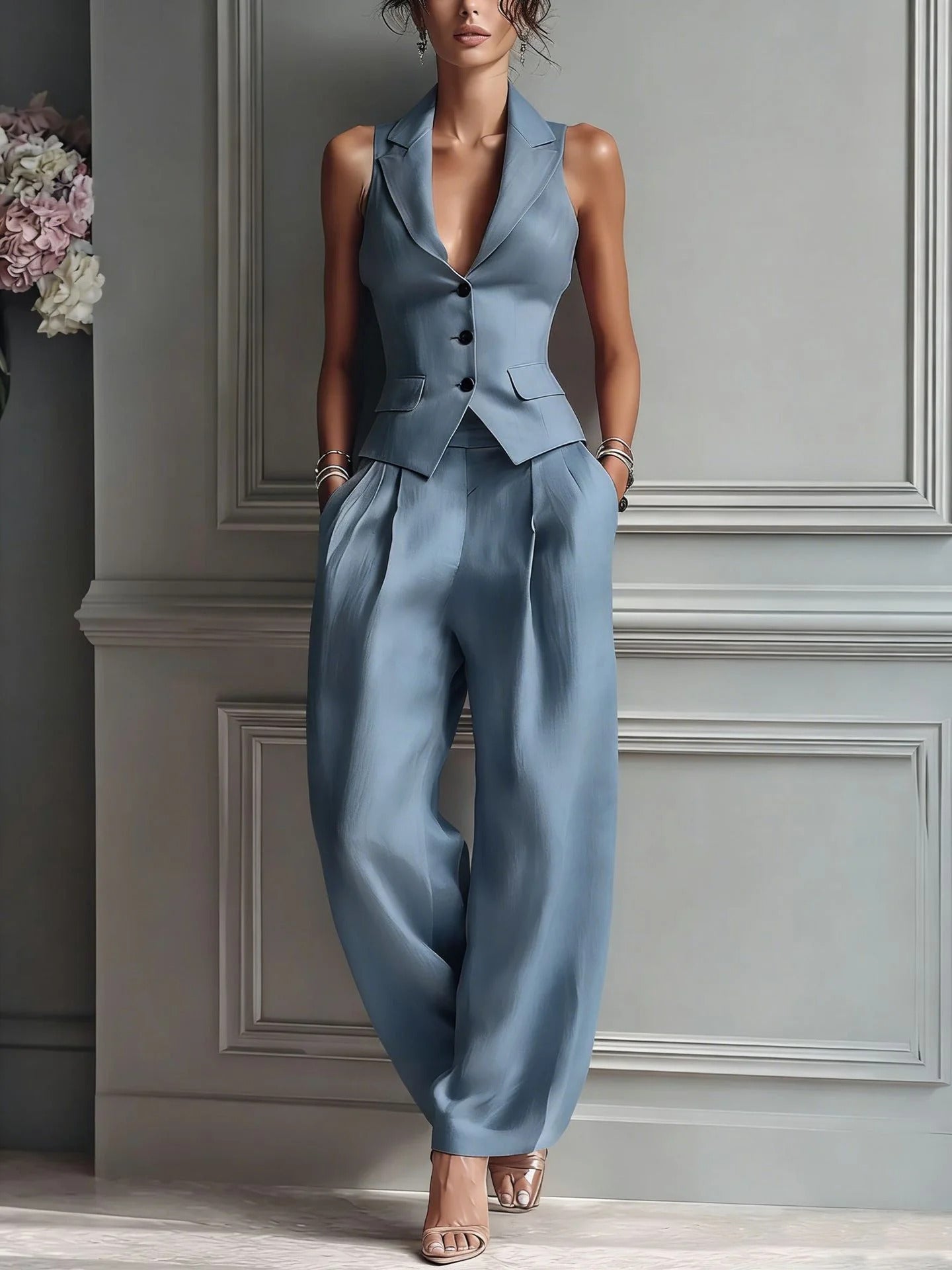 Completo da donna a due pezzi con scollo a V e bottoni